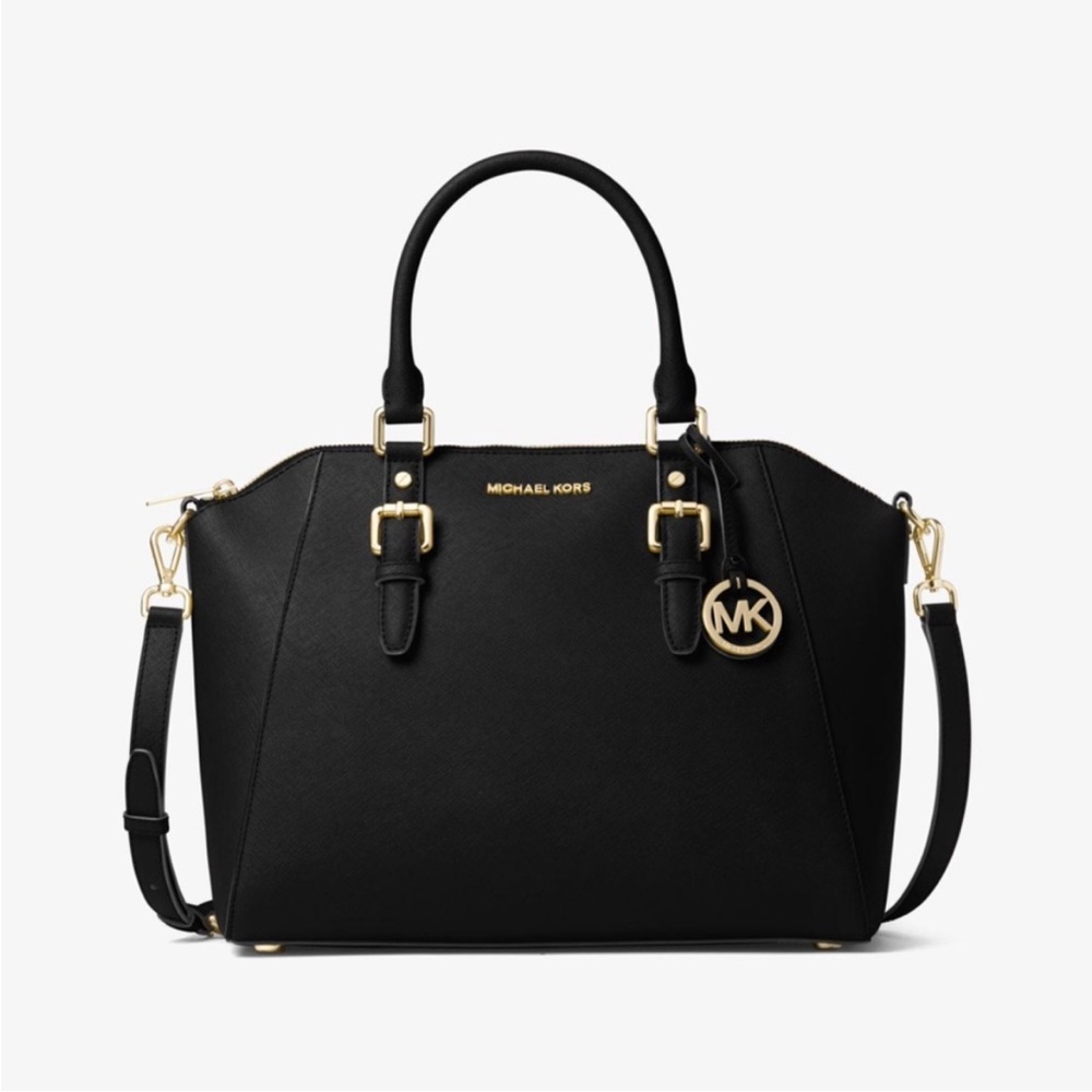 🖤 Michael Kors Large Ciara Black Leather Satchel/Handbag with Gold Hardware